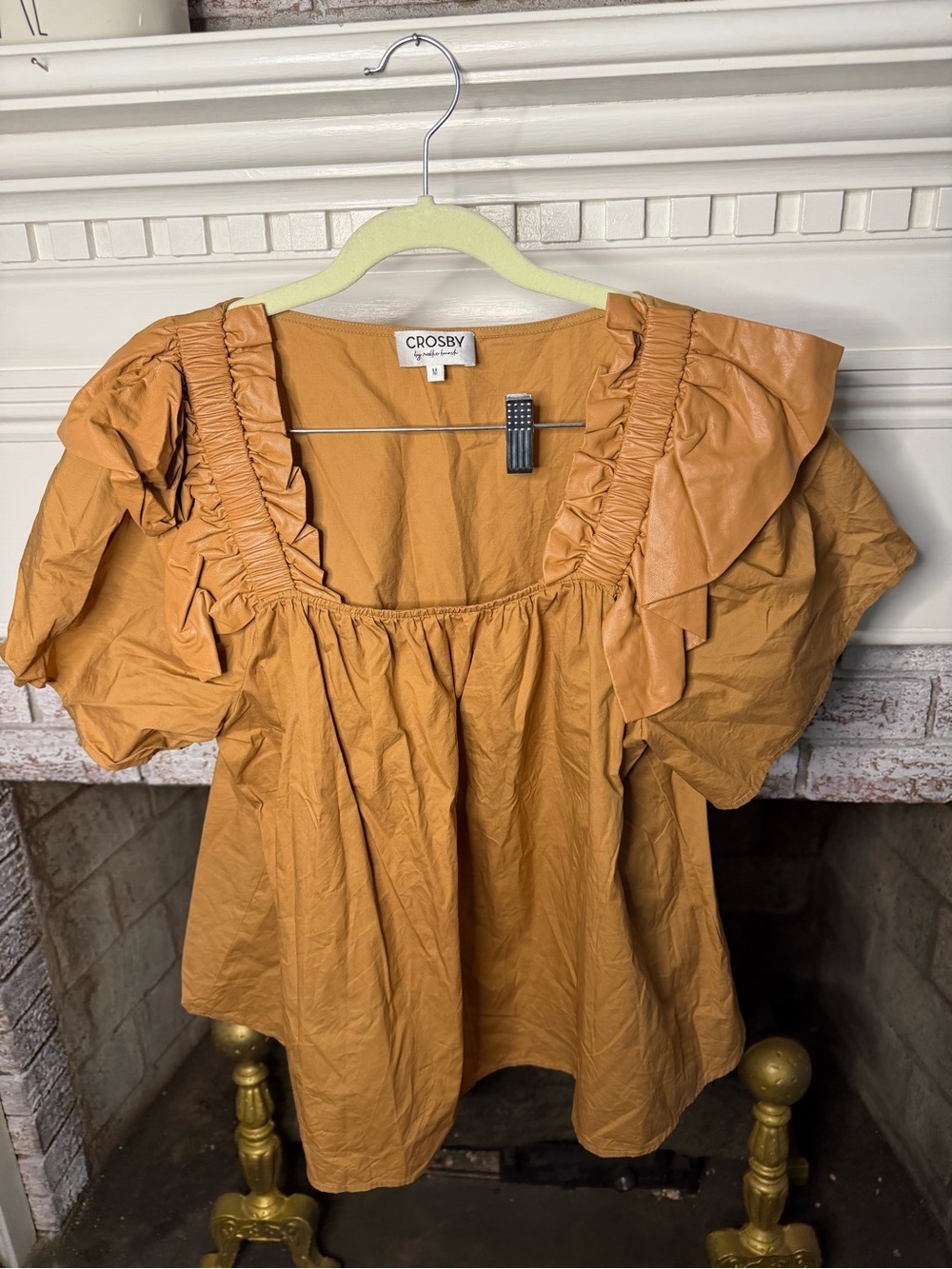 CROSBY by Mollie Burch Ruffle Puff Sleeve Blouse Camel Tan Size M